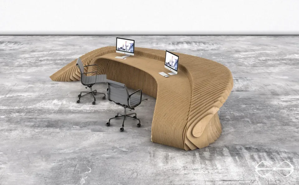 M Reception Desk, elevated perspective showing the curved plan and internal work area.
