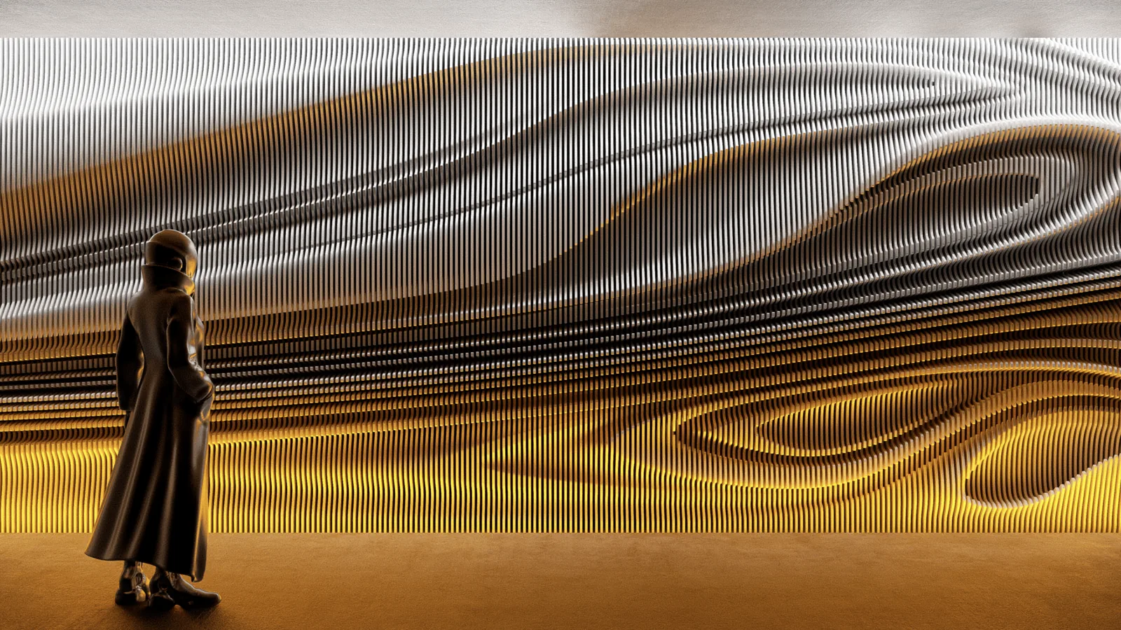 Time Folds 07, extended wave in CNC-cut plywood, view 1.