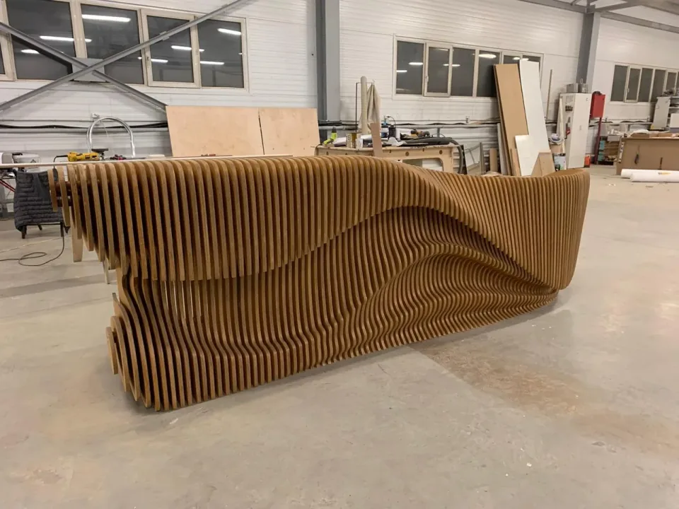 G Reception Desk, front facade during workshop fabrication.