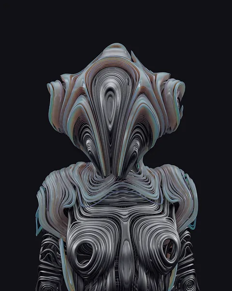 QueenGuard, un personaje procedimental real con una geometría orgánica similar a una armadura, ambientado en un terreno oscuro.