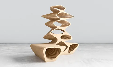 Banco de árboles y estante de exhibición, una escultura de sillas y estantes de madera contrachapada en capas
