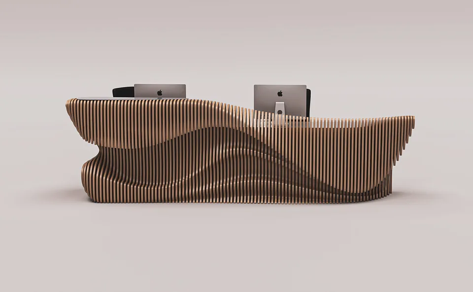G Reception Desk, opposite front perspective showing the raised ends and central wave.