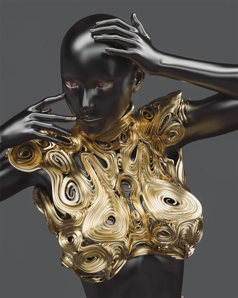Fashion, une figure de mode numérique expérimentale avec des formes vestimentaires sculpturales, sur un terrain sombre.