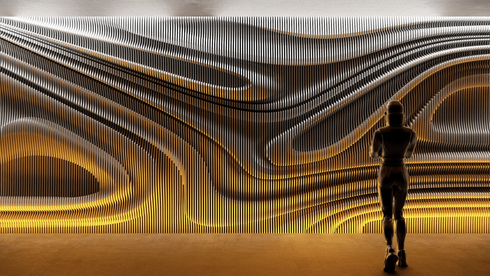 Time Folds 03, layered horizon in CNC-cut plywood, view 1.