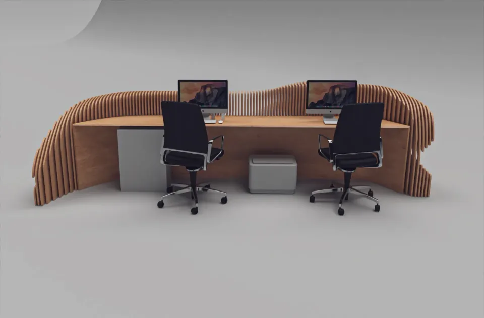 Curved plywood reception desk viewed from the rear, with two office chairs and computer workstations.
