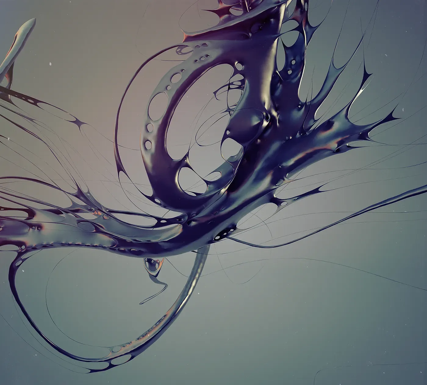 Abstract generative artwork with dark fluid branches and circular openings