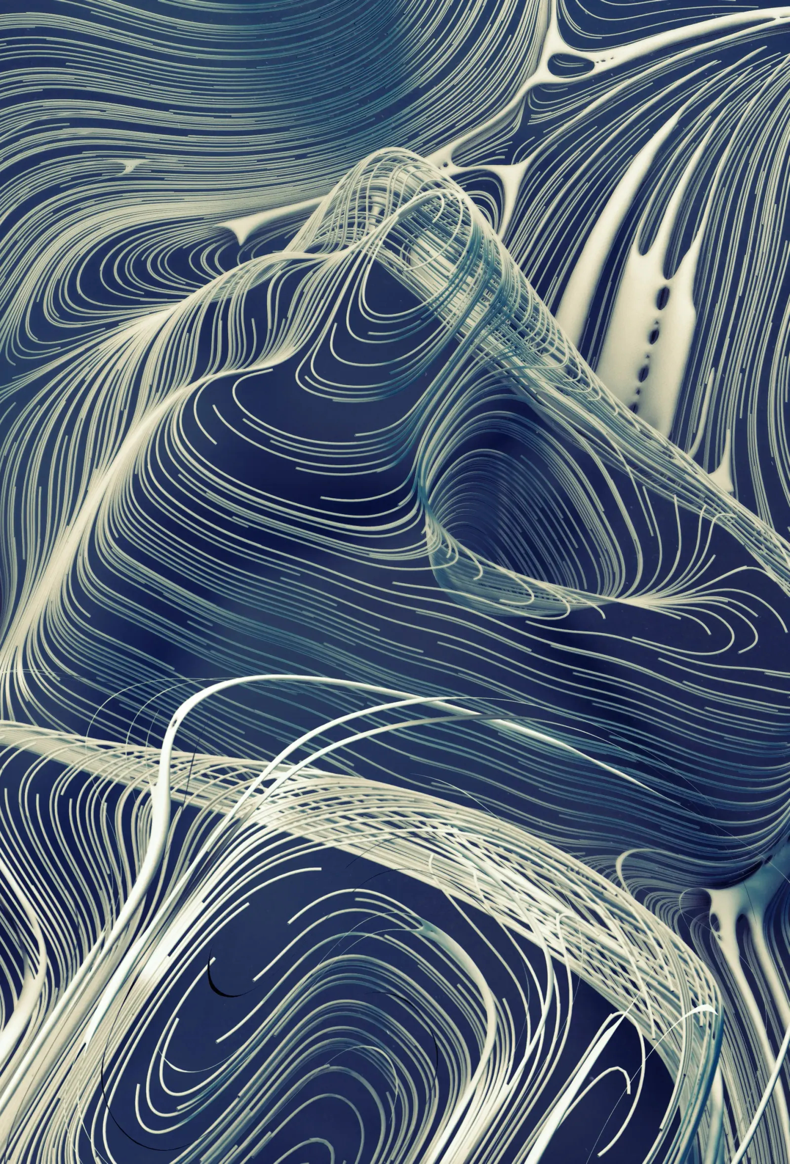 Curve Descent generative artwork with pale flowing lines over a dark blue field