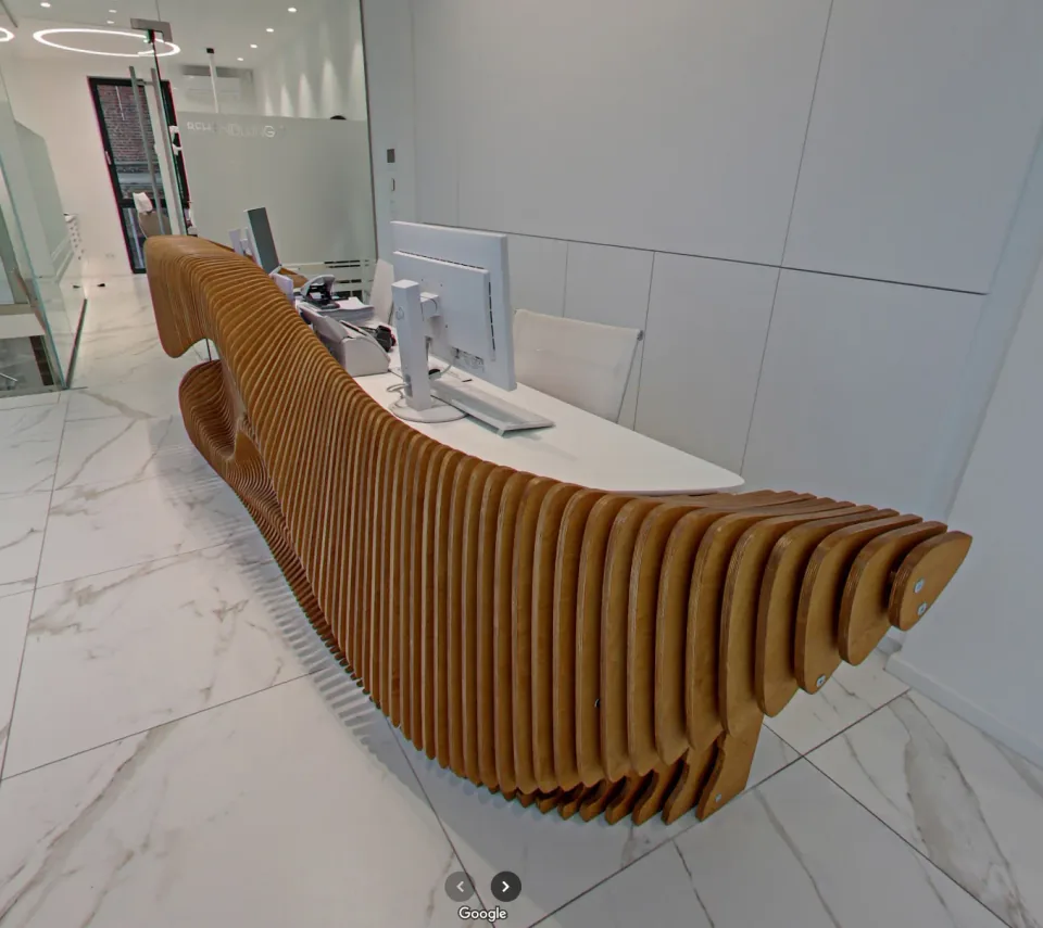 G Reception Desk, elevated interior perspective showing the public and working sides.