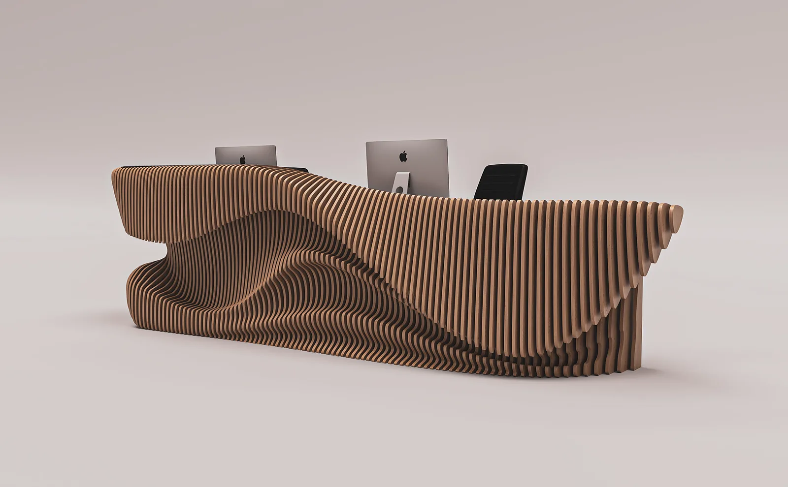 G Reception Desk, front studio rendering with a wave-shaped layered-plywood facade.