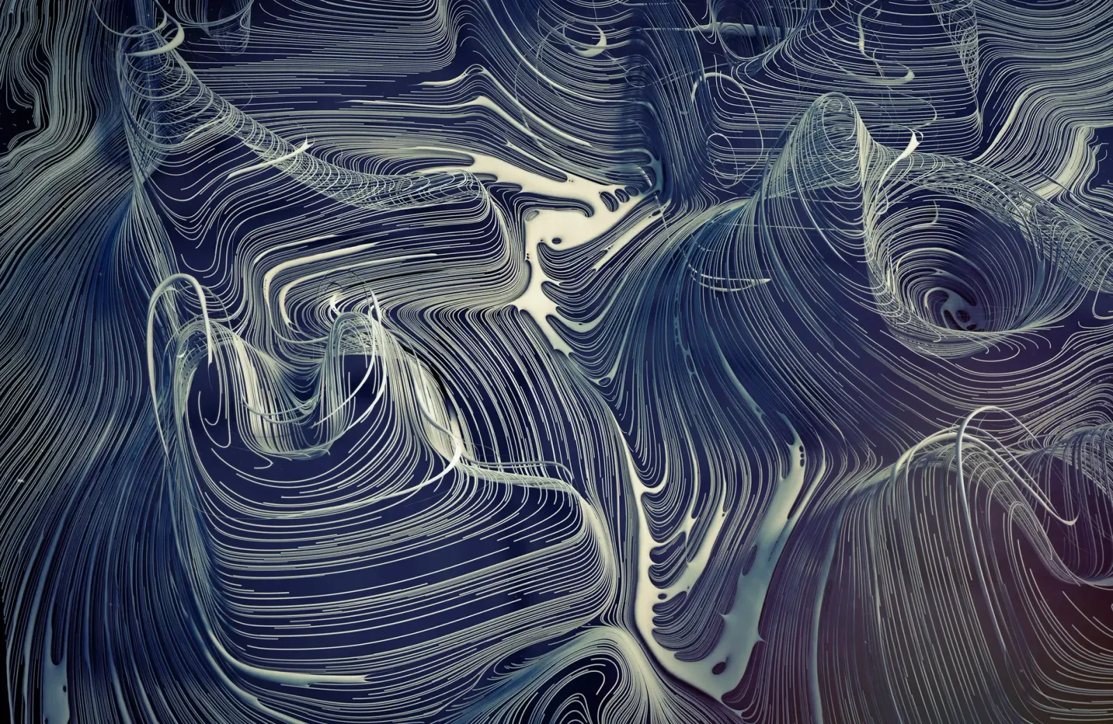Curve descent, a generative print built from descending curves and fragmented landscape textures, set against a dark ground.