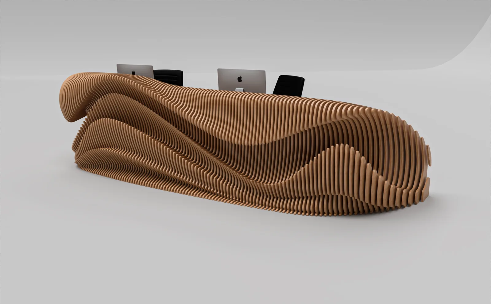 O Reception Desk, left three-quarter studio rendering of the flowing layered facade.