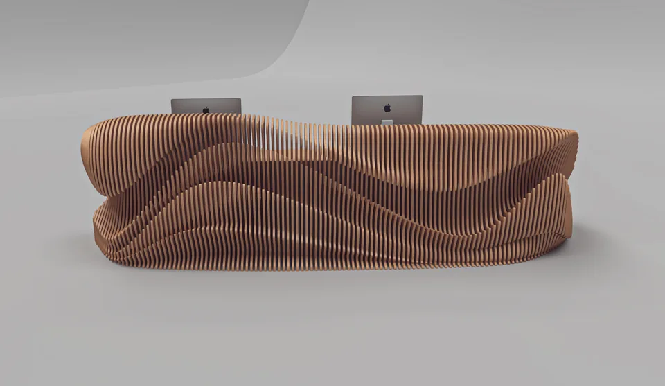 O Reception Desk, straight-on front perspective showing the continuous wave-shaped counter.