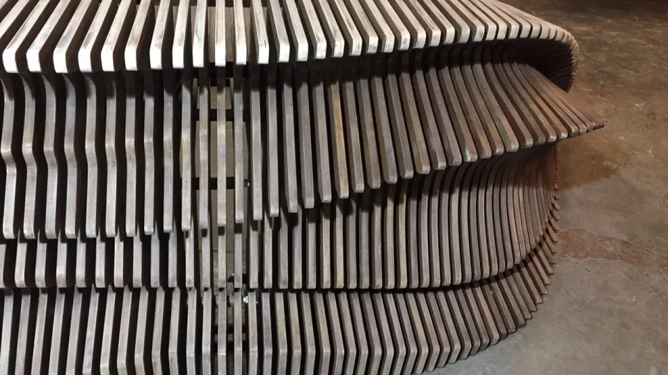 Dubai Reception Desk, interlocking desk sections aligned during fabrication.