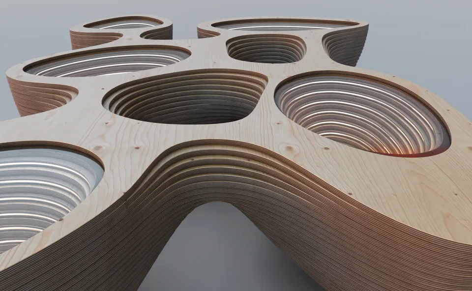 Rain gatherer table, close-up of recessed circular basins embedded in the branching tabletop.