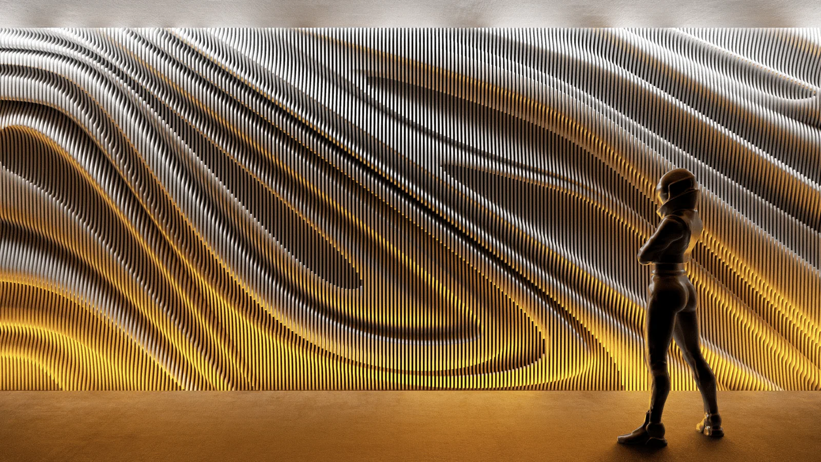 Time Folds 02, diagonal flow in CNC-cut plywood, view 1.