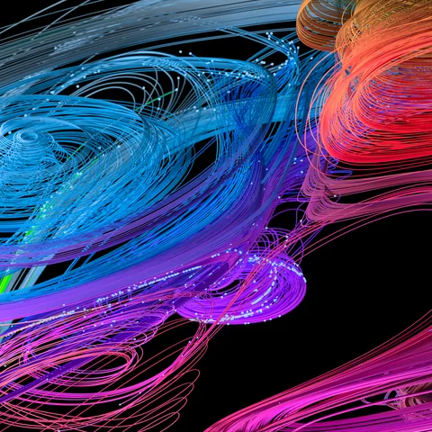 Abstract generative artwork composed of luminous blue, pink and orange trajectories