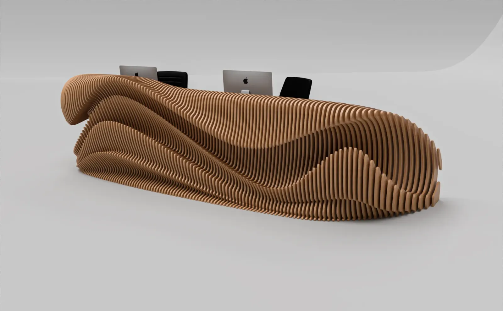 O Reception Desk流れる層面のフロントの左 3/4 スタジオレンダリング.