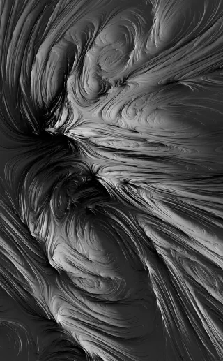 Rorschach, una composizione generativa simmetrica che ricorda una forma geologica di Rorschach, ambientata su un terreno scuro.
